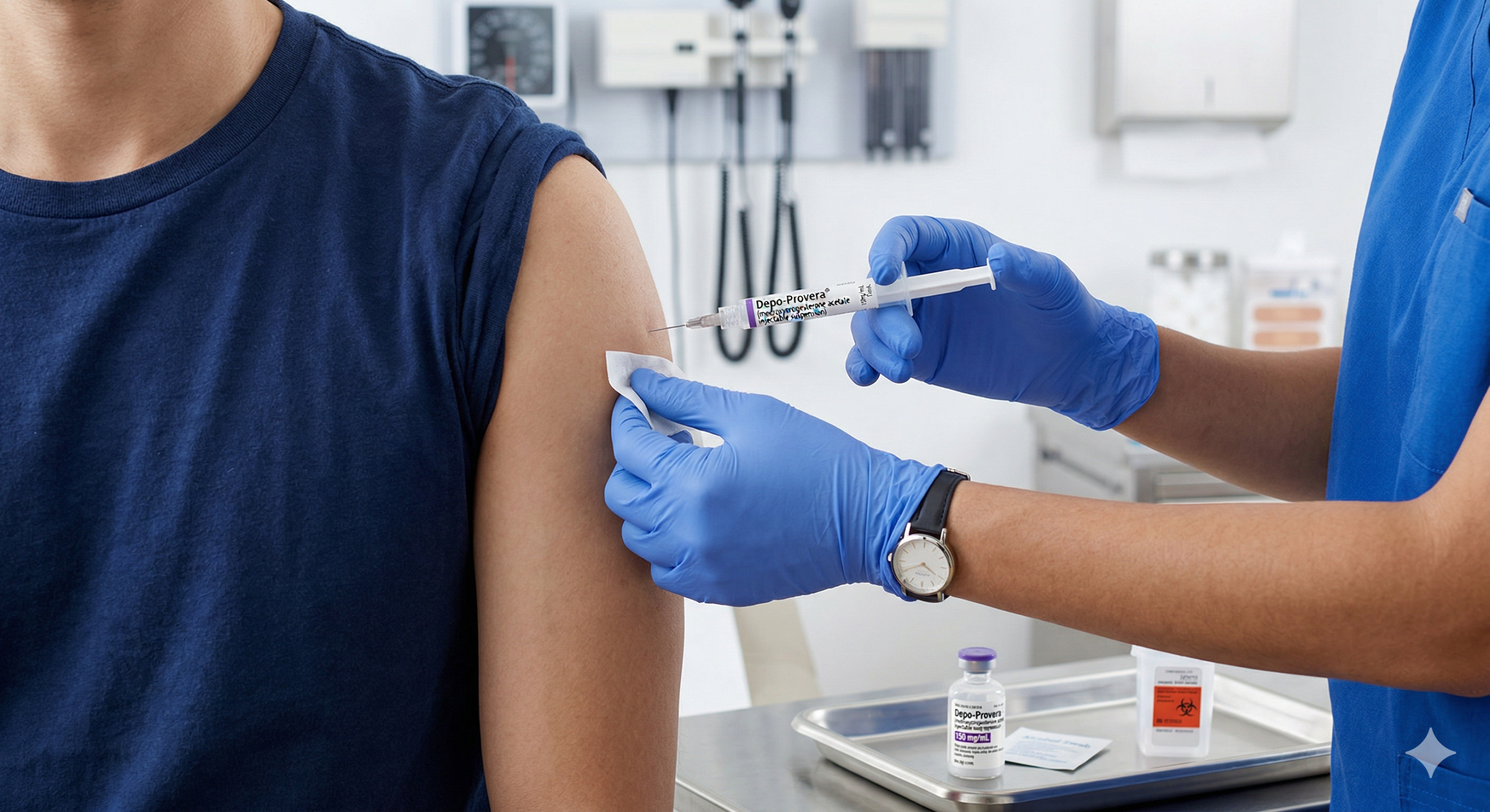 Healthcare provider administering a Depo-Provera injection